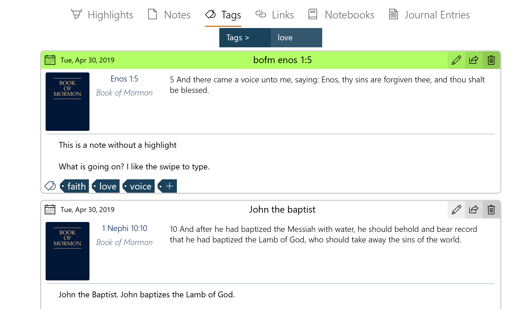 The tags section of the Annotations pane.