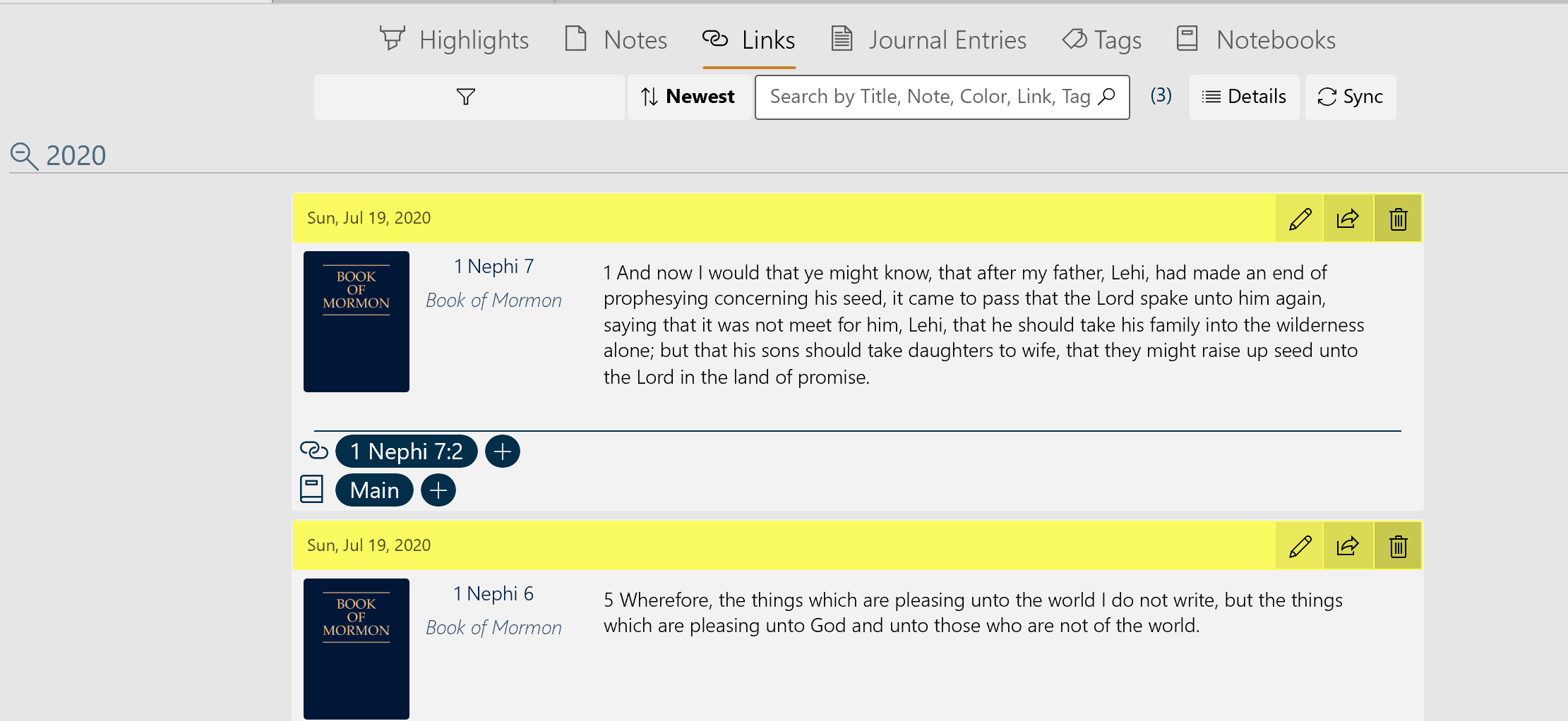 The links tab of the annotations page.