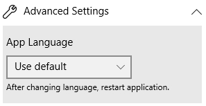 The app languages selector in the settings menu